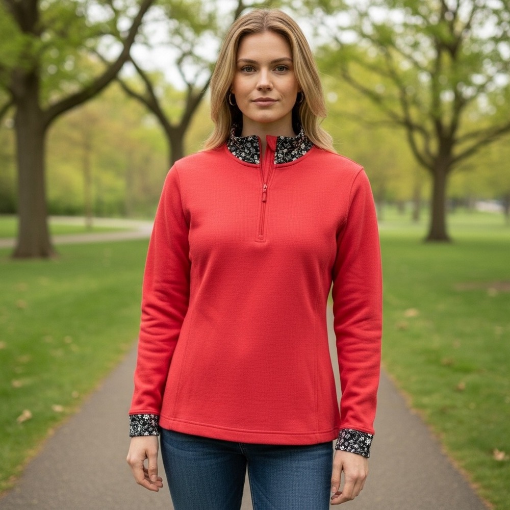 Orvis Womens Red Ribbed Quarter Zip Pullover Floral Trim Mock Neck Small NEW